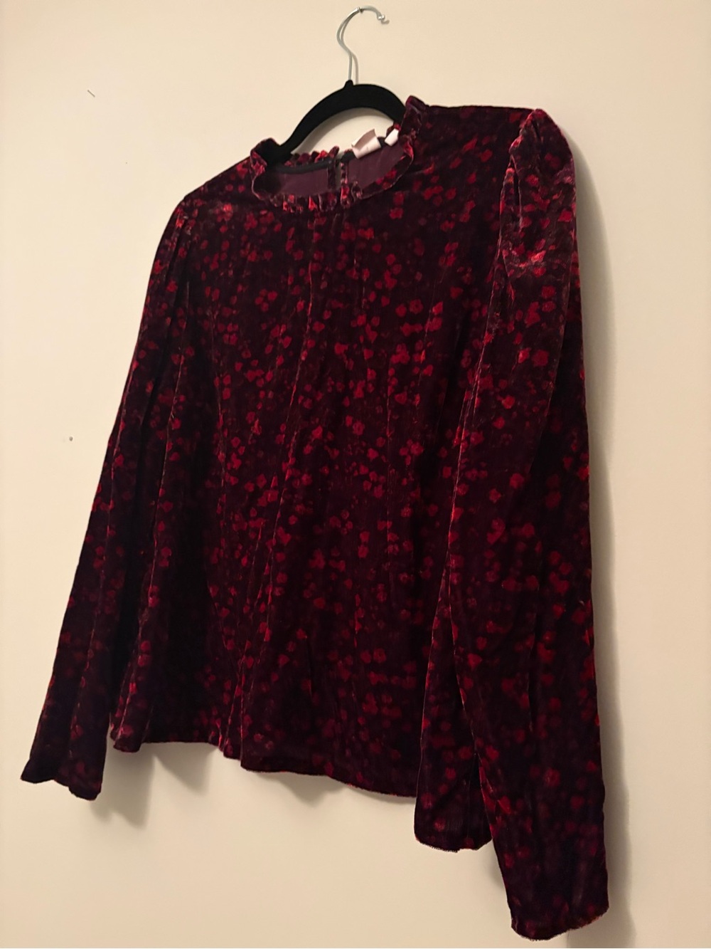 Gap Burgundy Velvet Burnout Floral Ruffle Neck Long Sleeve Top Large - Picture 2 of 9